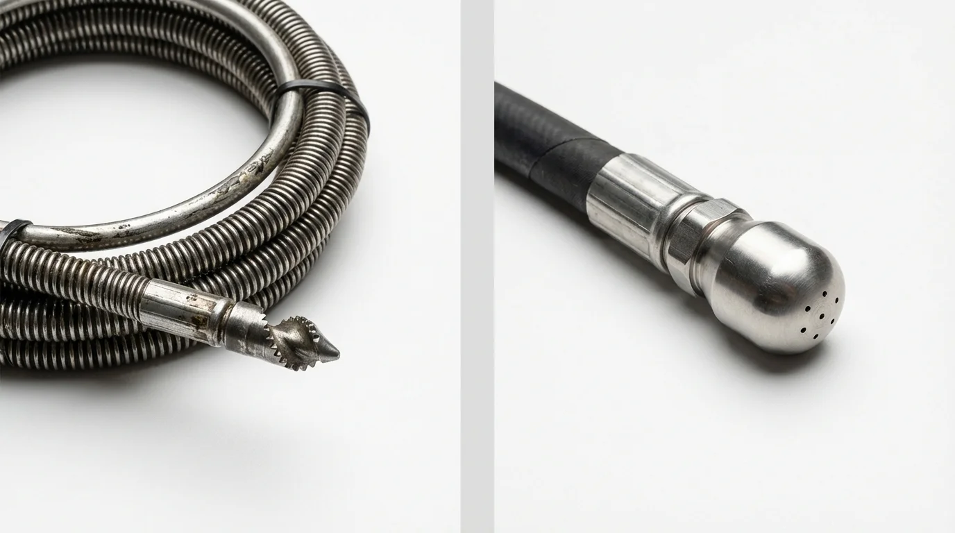 Drain snake cable and hydro jetting nozzle used for drain cleaning in Hays, NC