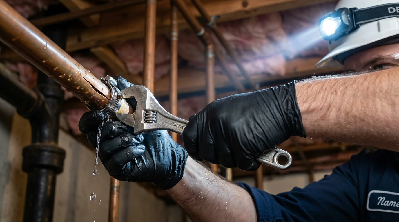 Emergency pipe clamp repair being performed by a Johns Plumbing LLC plumber in Hays
