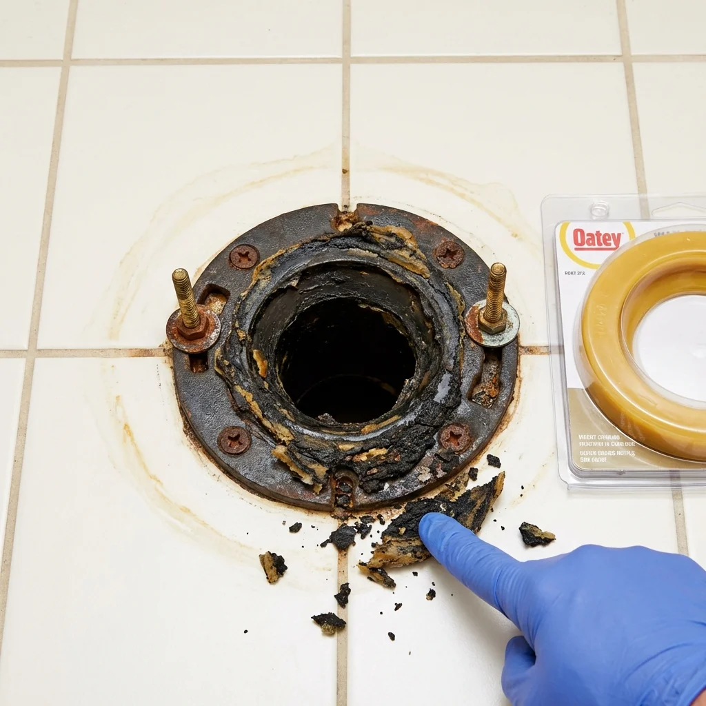 Failed wax ring showing water seepage at the base of a toilet in a Hays, NC home