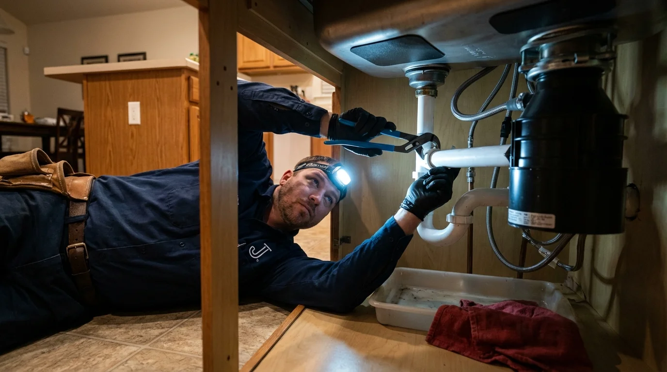 P-trap and supply line connections under a kitchen sink showing a common leak point in Hays, NC